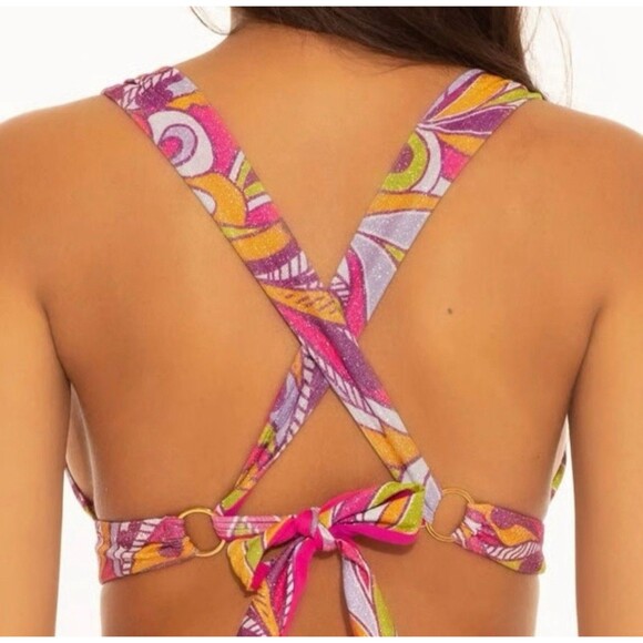 Becca Metallic Psychedelica Shirred Bikini Top Medium M Swimwear NWT $78 - Picture 2 of 12